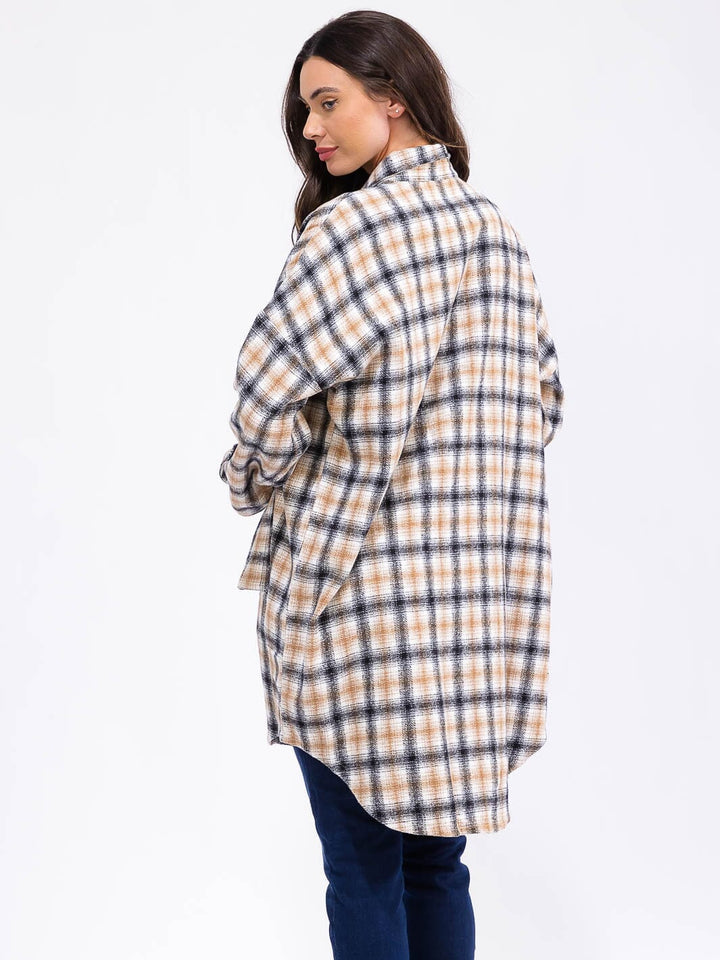 WOMEN'S LONG SLEEVE BUTTON UP POCKETS PLAID COAT
