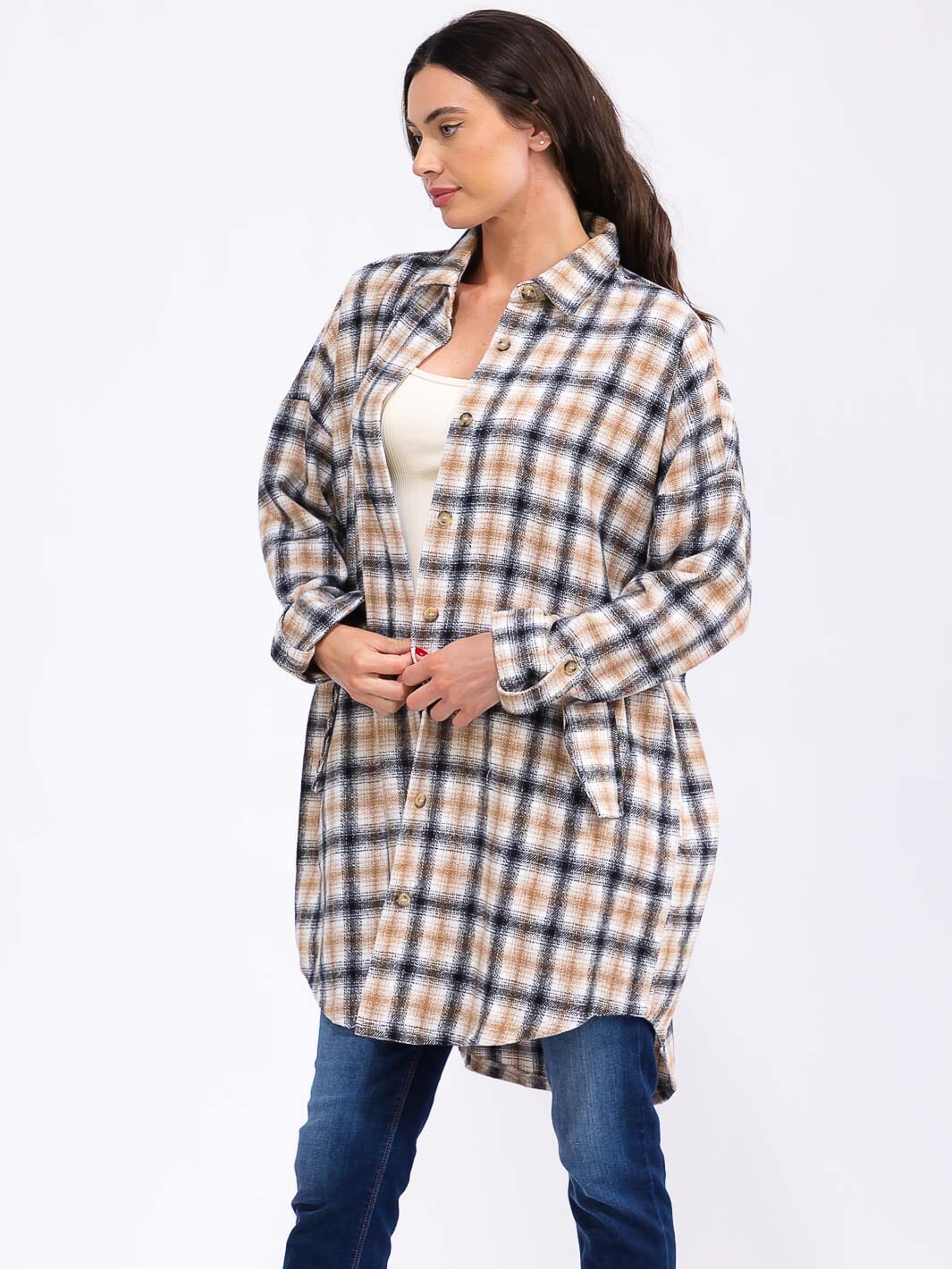 WOMEN'S LONG SLEEVE BUTTON UP POCKETS PLAID COAT