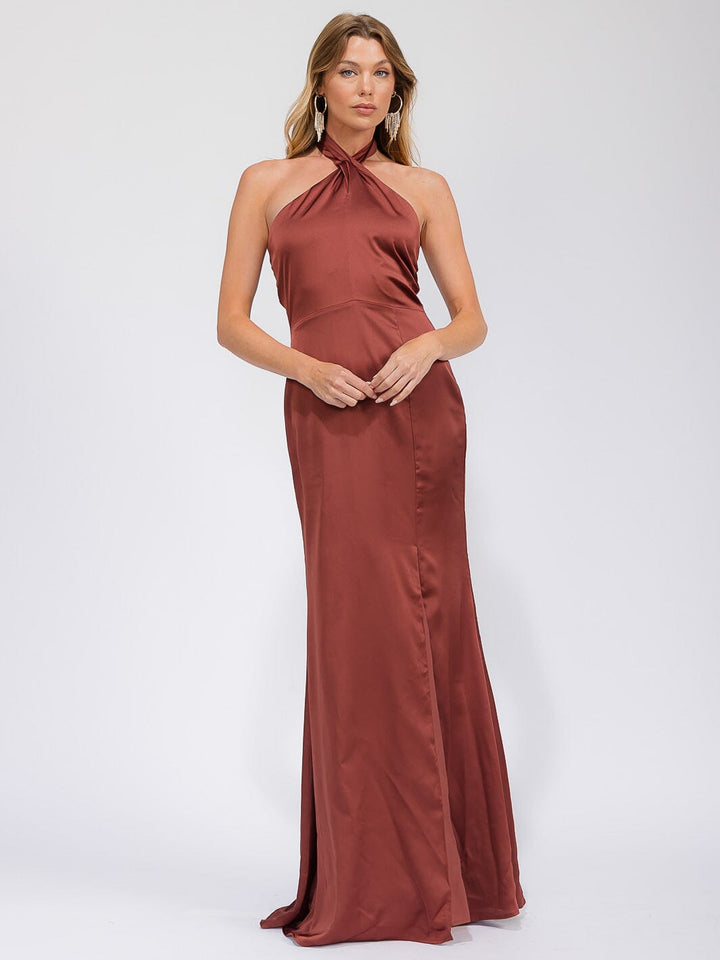 WOMEN'S SLEEVELESS HALTER NECK SIDE SLIT OPEN BACK MAXI GOWN DRESS