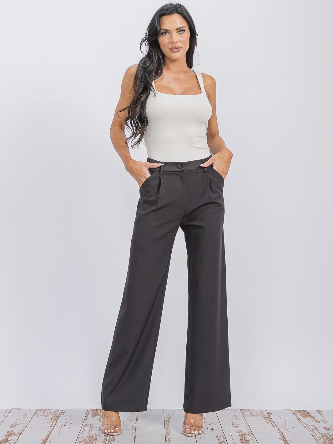 WOMEN'S BUTTON CLOSURE POCKETS WIDE LEG PANTS