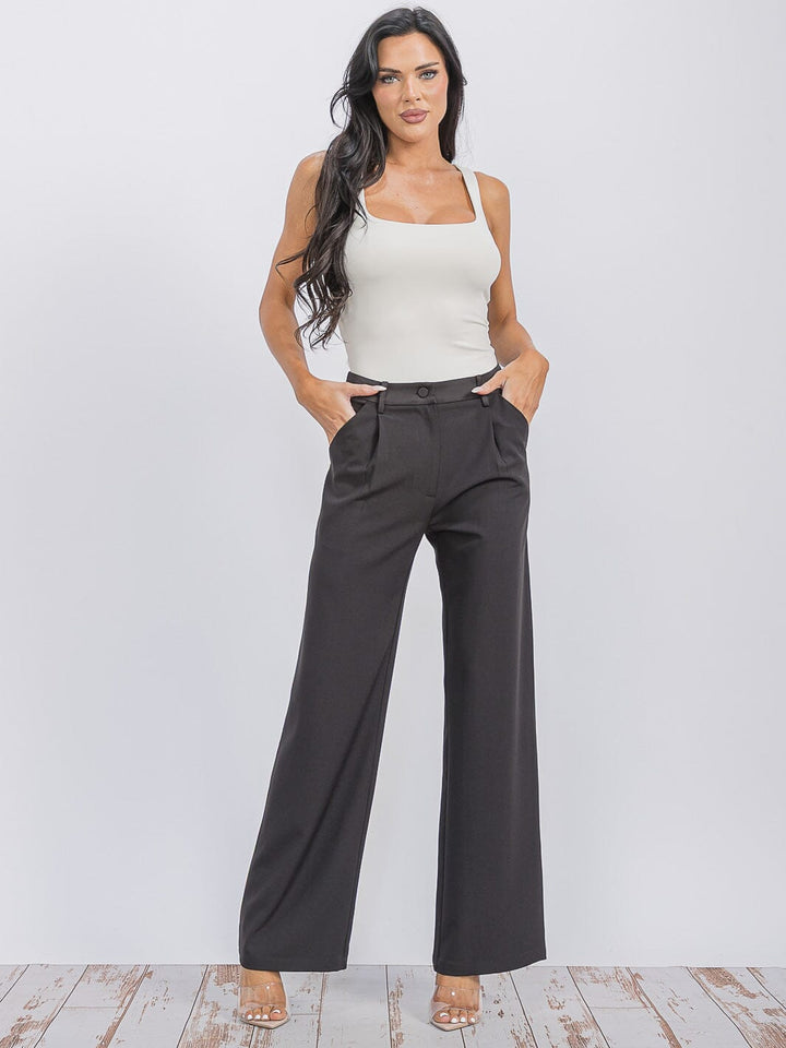 WOMEN'S BUTTON CLOSURE POCKETS WIDE LEG PANTS