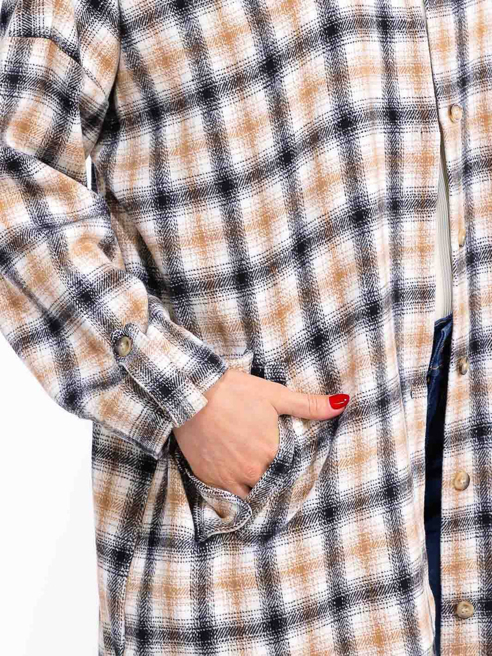 WOMEN'S LONG SLEEVE BUTTON UP POCKETS PLAID COAT