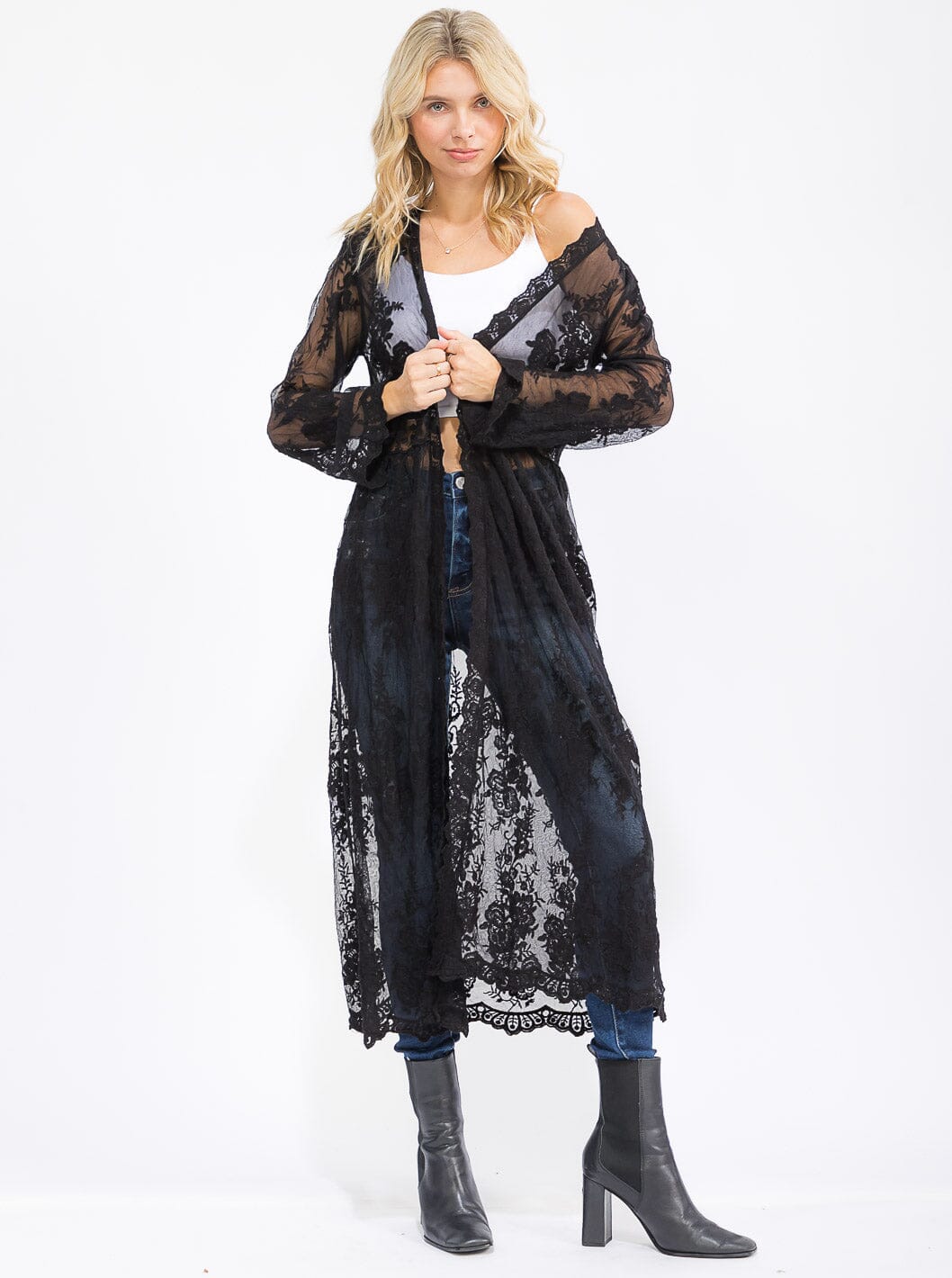 WOMEN'S LONG SLEEVE OPEN FRONT ALL OVER LACE KIMONO