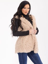 WOMEN'S SLEEVELESS OPEN FRONT POCKETS SHERPA ANIMAL PRINT HOODED VEST