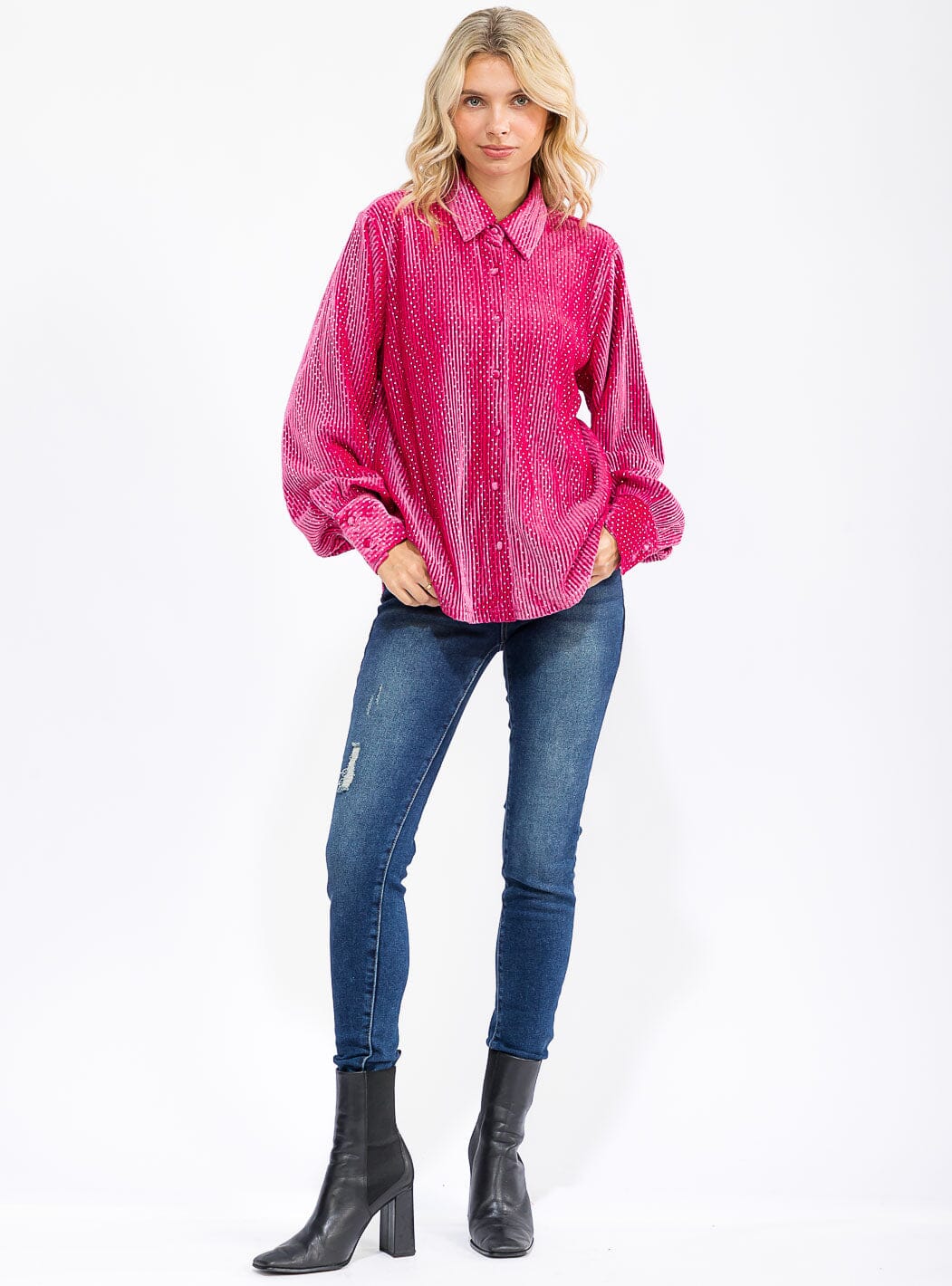 WOMEN'S LONG SLEEVE BUTTON UP CORDUROY STUDS DETAILED BLOUSE