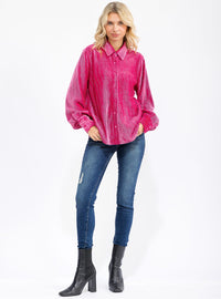 WOMEN'S LONG SLEEVE BUTTON UP CORDUROY STUDS DETAILED BLOUSE
