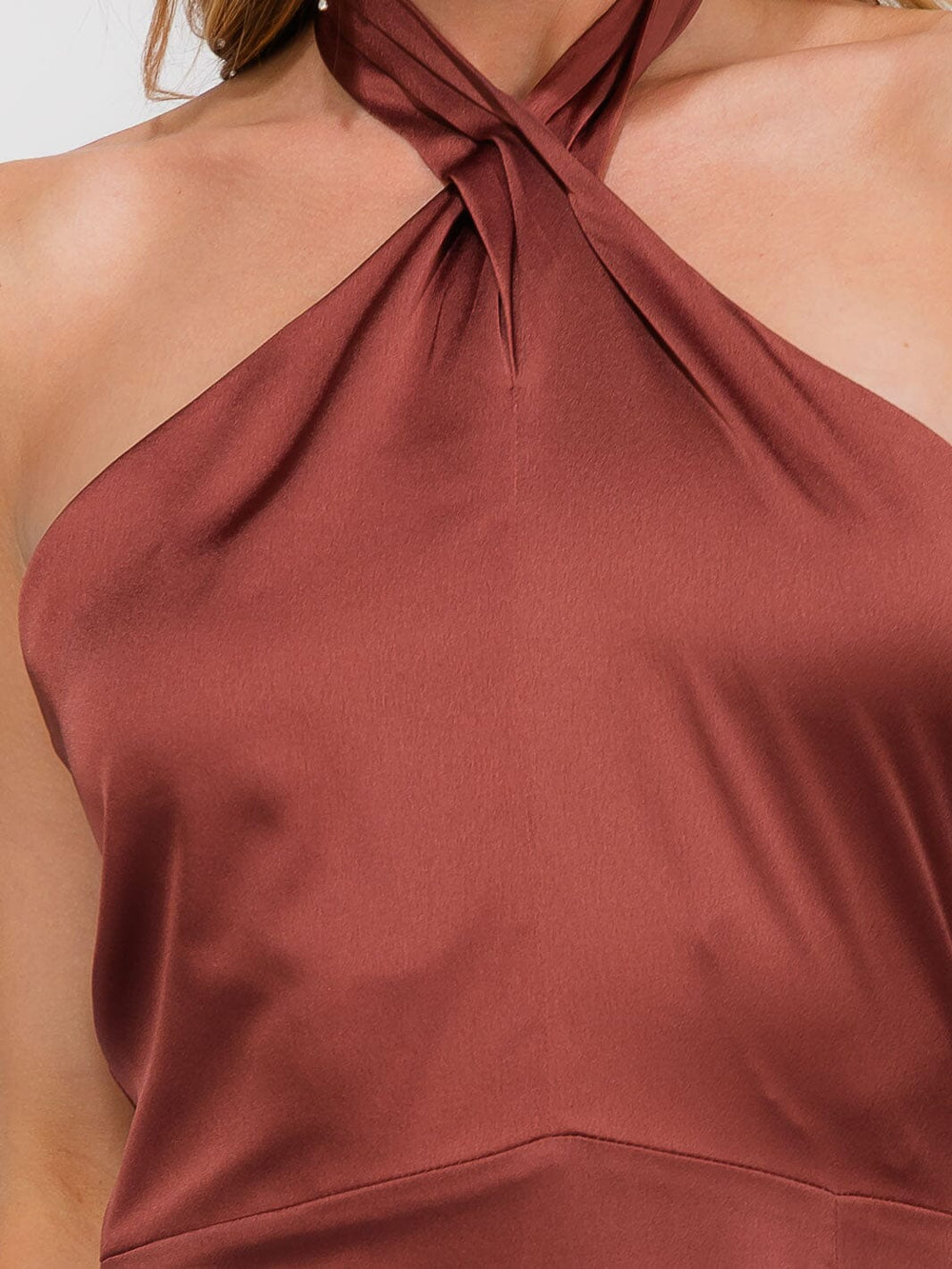 WOMEN'S SLEEVELESS HALTER NECK SIDE SLIT OPEN BACK MAXI GOWN DRESS