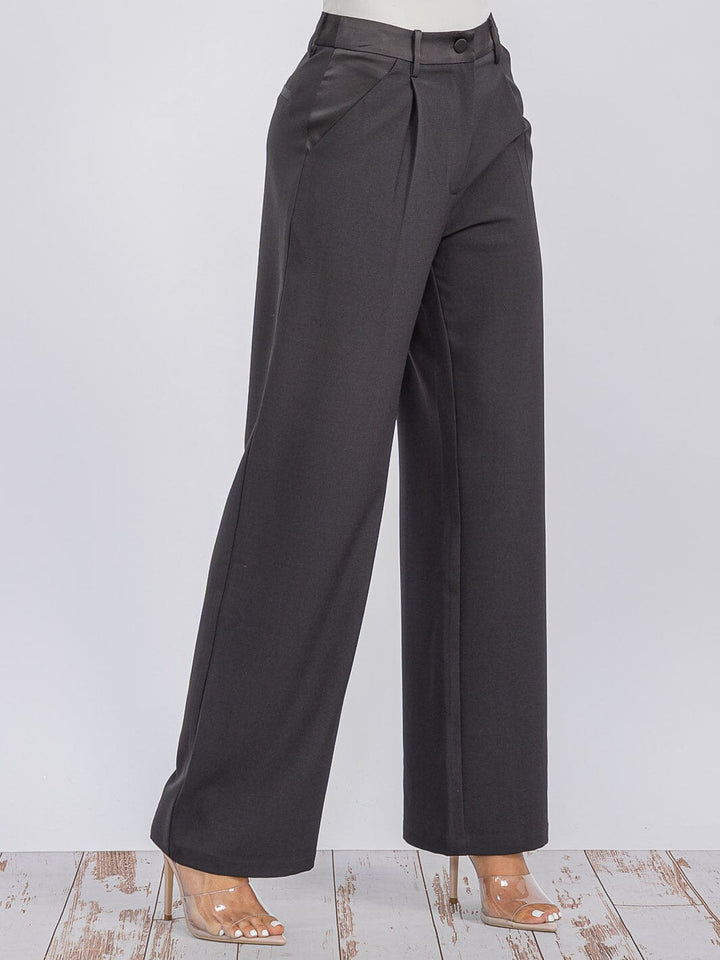 WOMEN'S BUTTON CLOSURE POCKETS WIDE LEG PANTS
