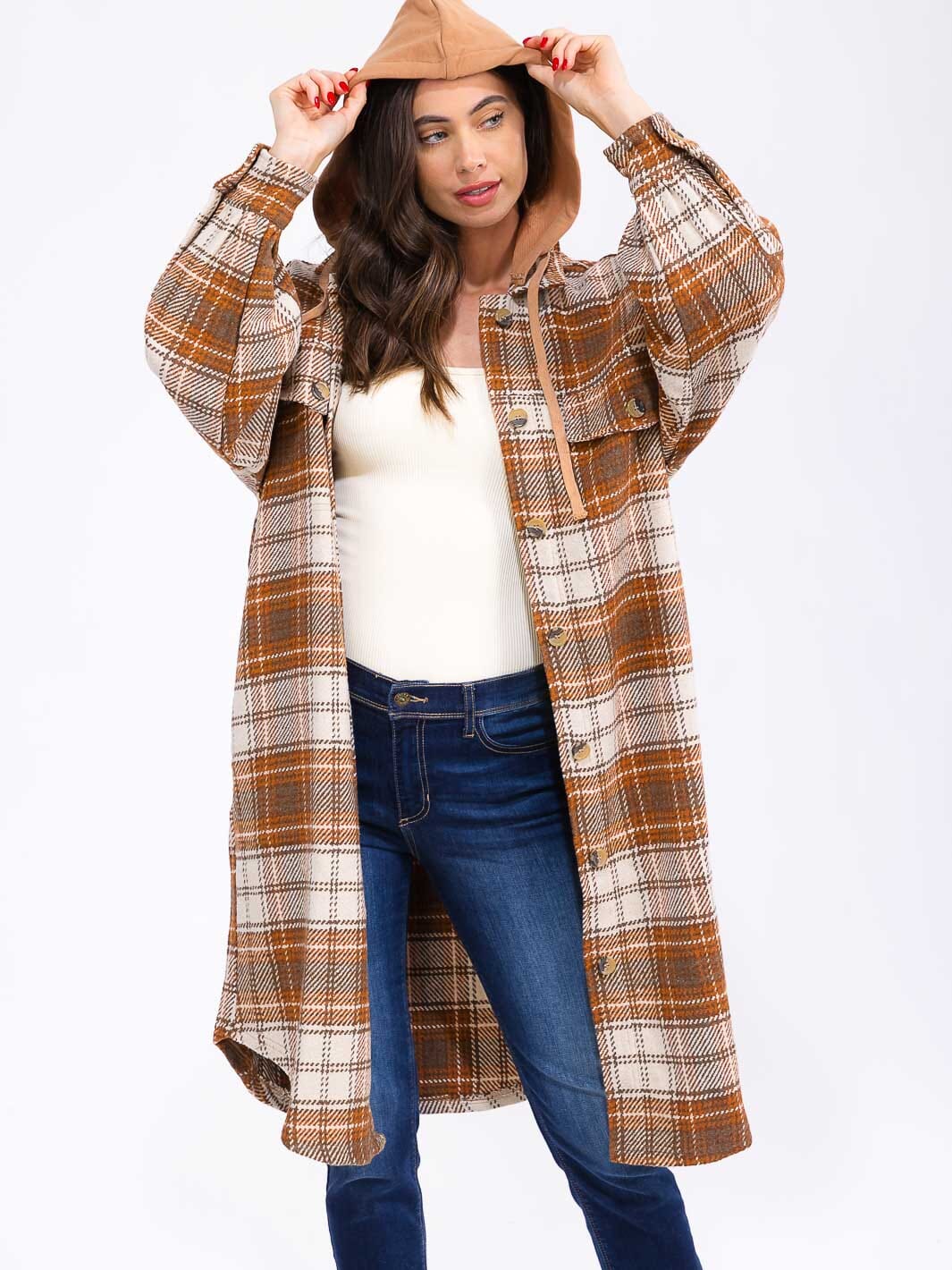WOMEN'S LONG SLEEVE BUTTON UP POCKETS HOODED PLAID COAT