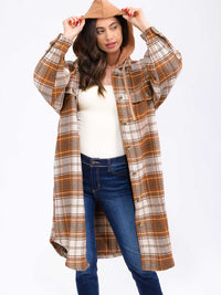 WOMEN'S LONG SLEEVE BUTTON UP POCKETS HOODED PLAID COAT
