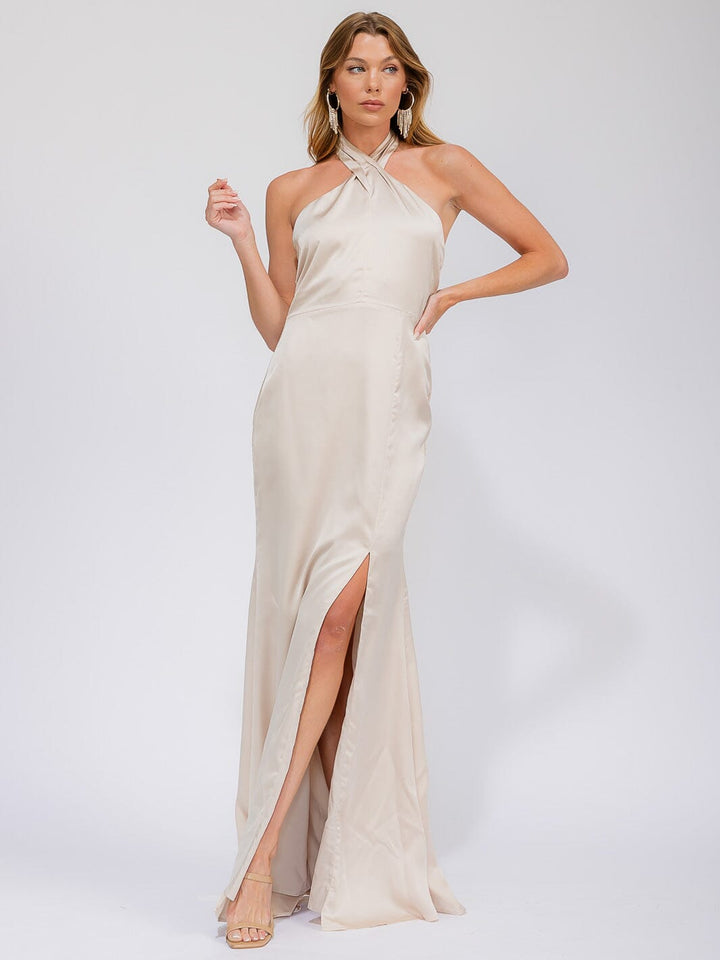 WOMEN'S SLEEVELESS HALTER NECK SIDE SLIT OPEN BACK MAXI GOWN DRESS