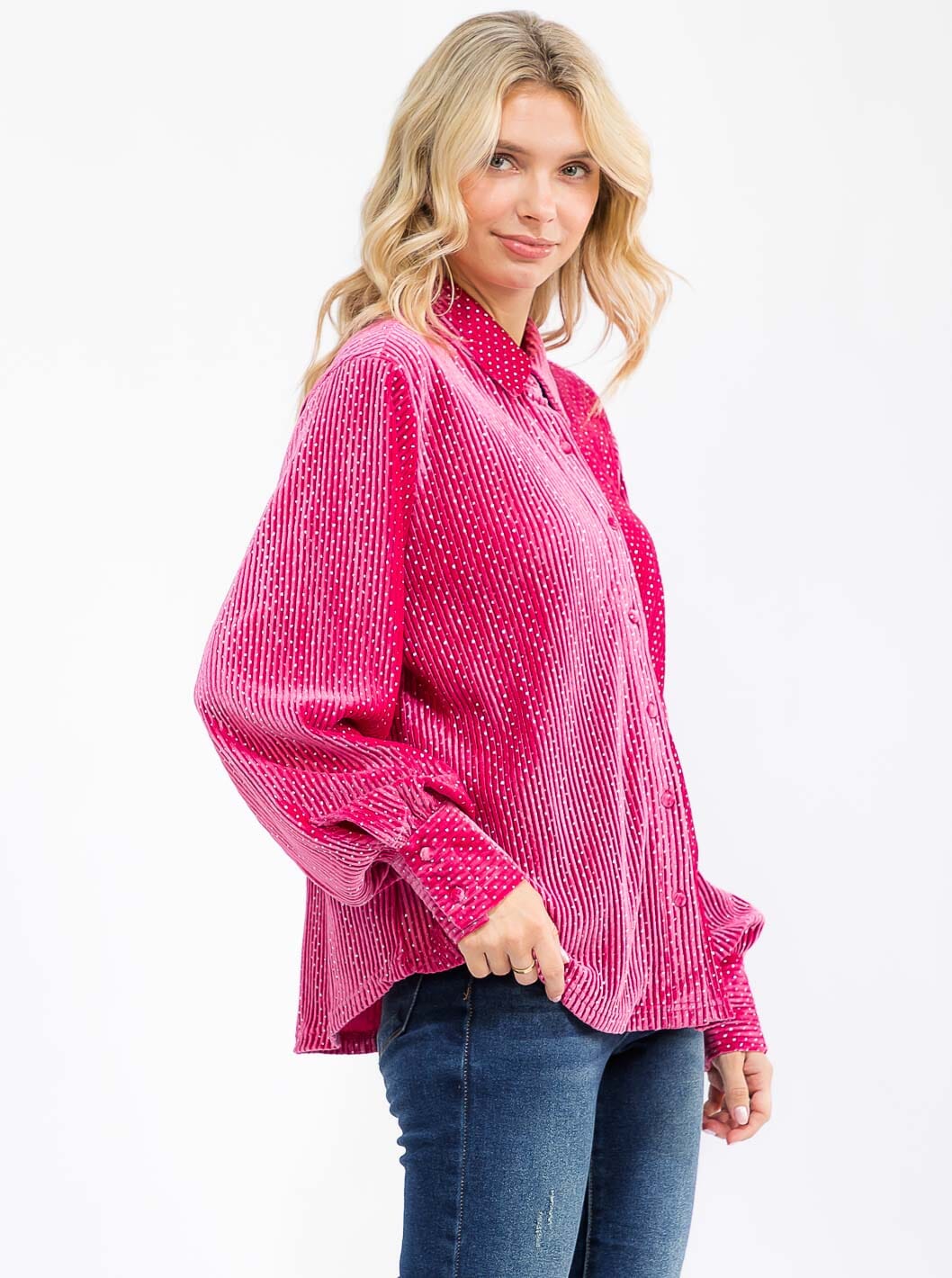 WOMEN'S LONG SLEEVE BUTTON UP CORDUROY STUDS DETAILED BLOUSE