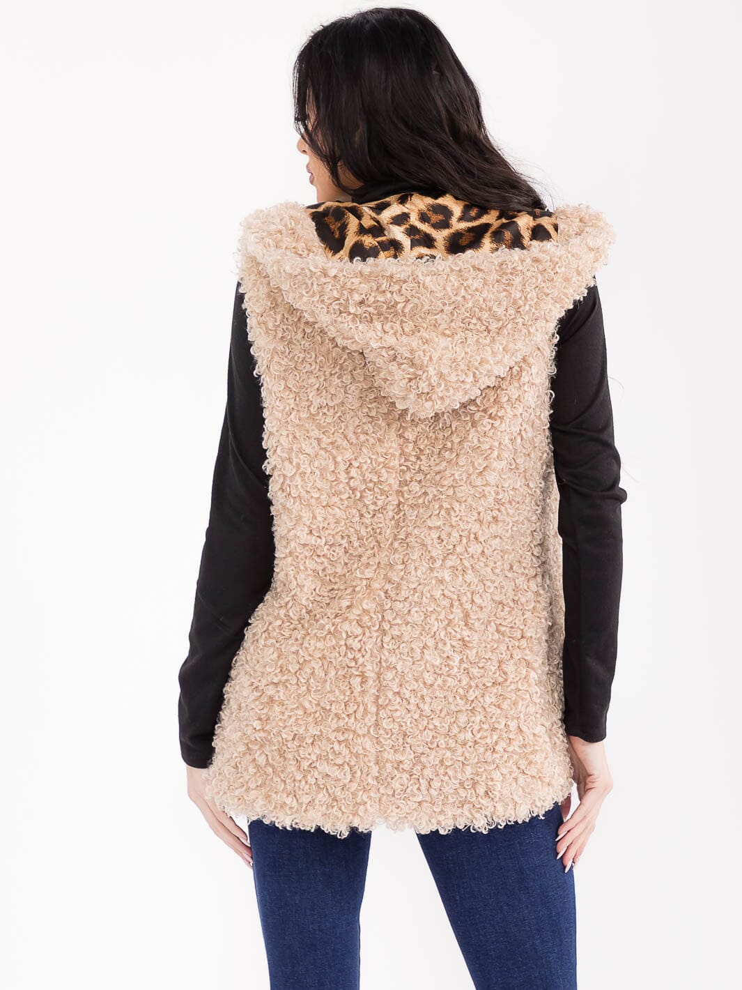 WOMEN'S SLEEVELESS OPEN FRONT POCKETS SHERPA ANIMAL PRINT HOODED VEST
