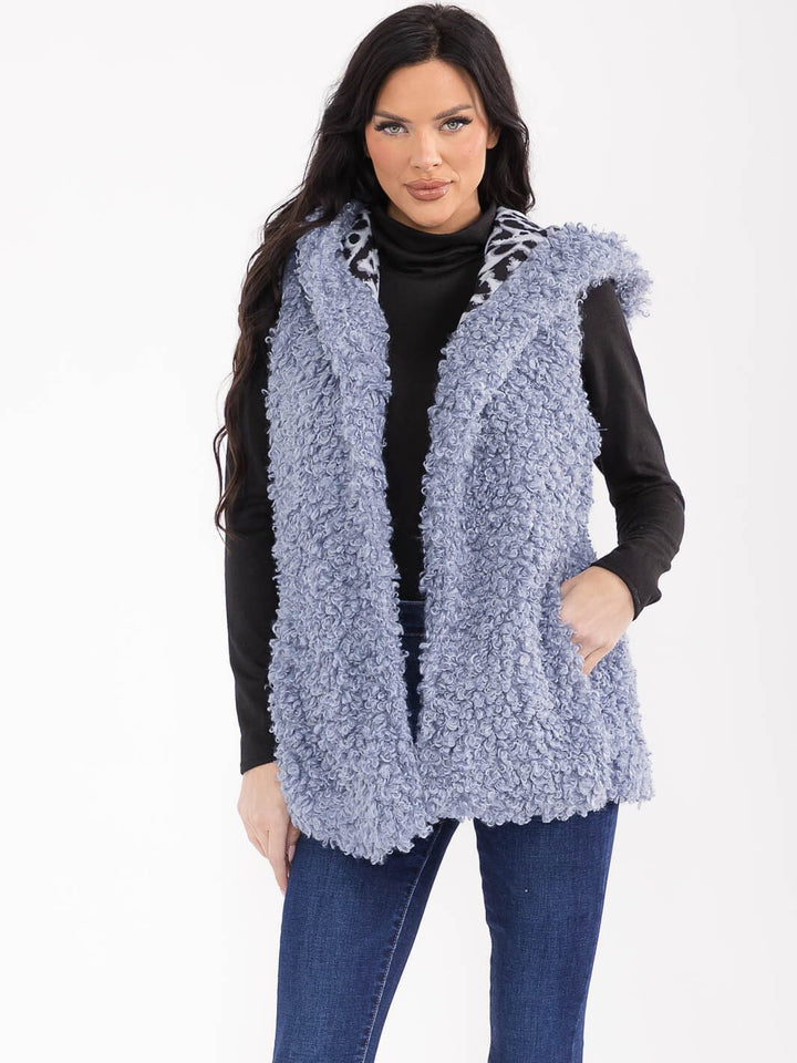 WOMEN'S SLEEVELESS OPEN FRONT POCKETS SHERPA ANIMAL PRINT HOODED VEST