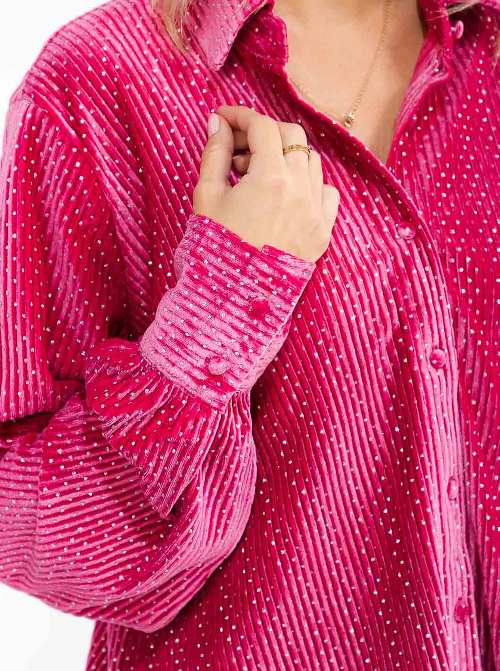 WOMEN'S LONG SLEEVE BUTTON UP CORDUROY STUDS DETAILED BLOUSE