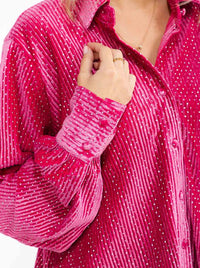 WOMEN'S LONG SLEEVE BUTTON UP CORDUROY STUDS DETAILED BLOUSE