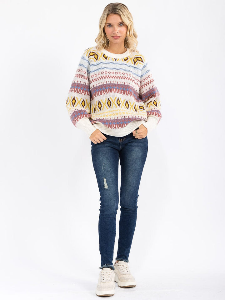 WOMEN'S LONG SLEEVE COLORBLOCK MULTI PRINT PULLOVER SWEATER