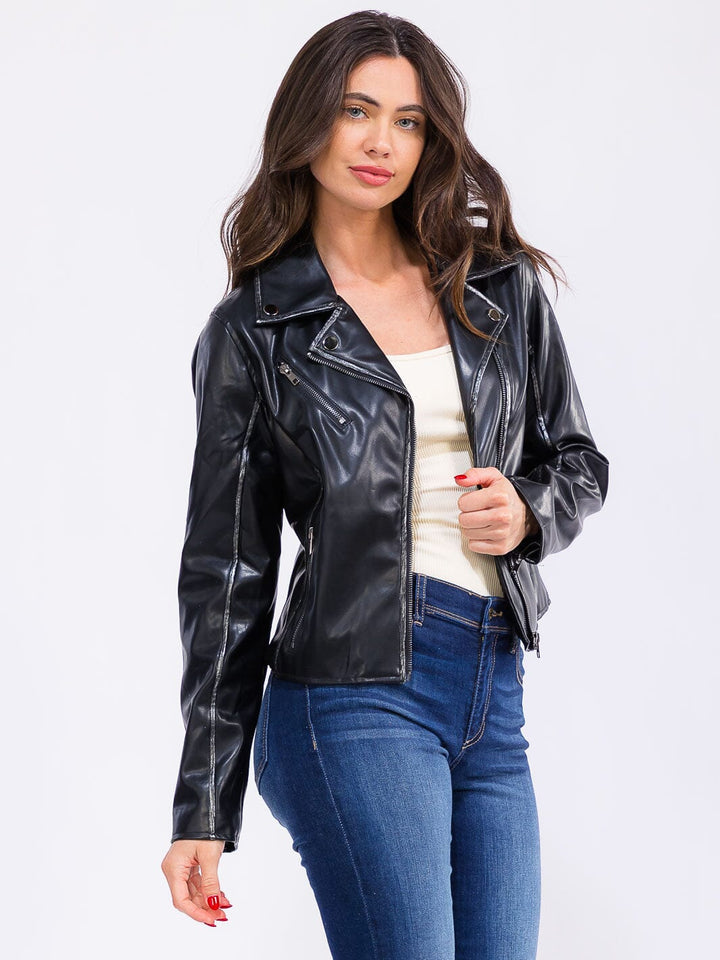 WOMEN'S LONG SLEEVE ZIPPER CLOSURE BACK PRINT PU PLEATHER JACKET