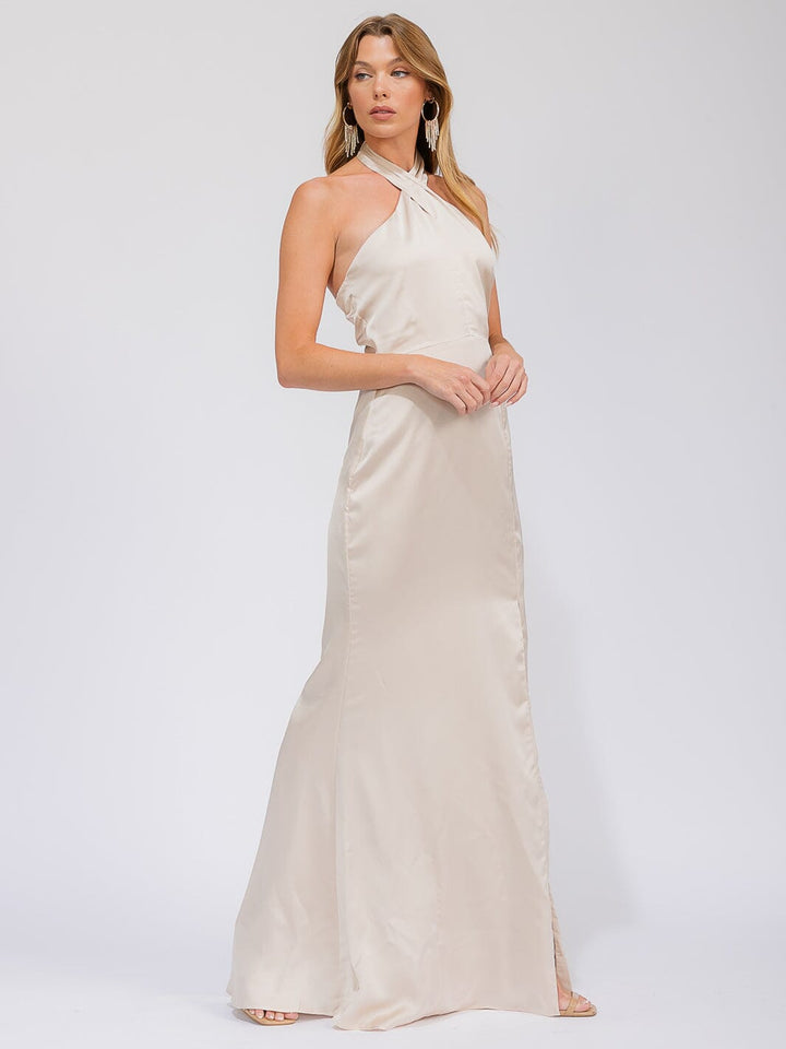 WOMEN'S SLEEVELESS HALTER NECK SIDE SLIT OPEN BACK MAXI GOWN DRESS