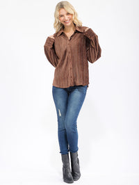 WOMEN'S LONG SLEEVE BUTTON UP CORDUROY STUDS DETAILED BLOUSE