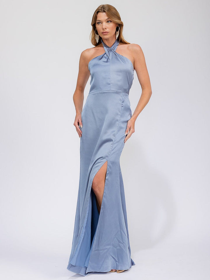 WOMEN'S SLEEVELESS HALTER NECK SIDE SLIT OPEN BACK MAXI GOWN DRESS