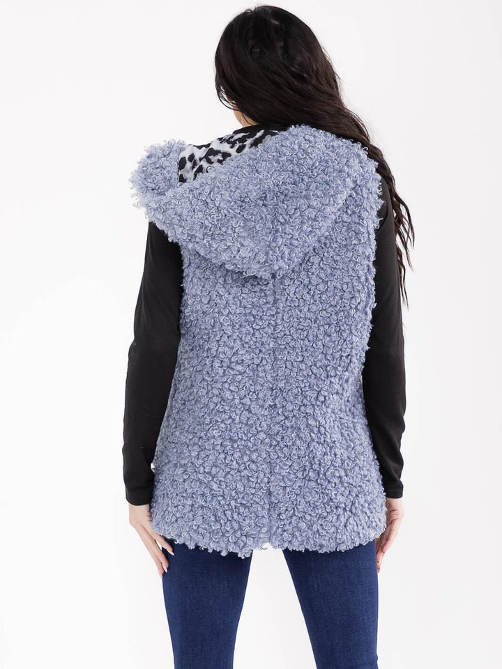 WOMEN'S SLEEVELESS OPEN FRONT POCKETS SHERPA ANIMAL PRINT HOODED VEST