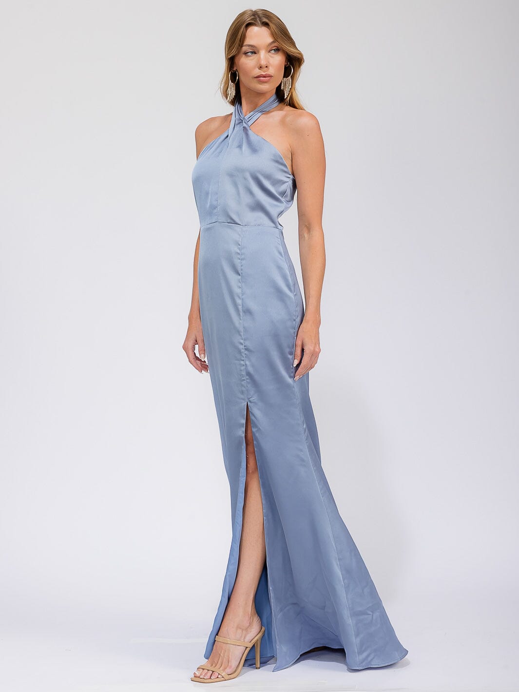 WOMEN'S SLEEVELESS HALTER NECK SIDE SLIT OPEN BACK MAXI GOWN DRESS