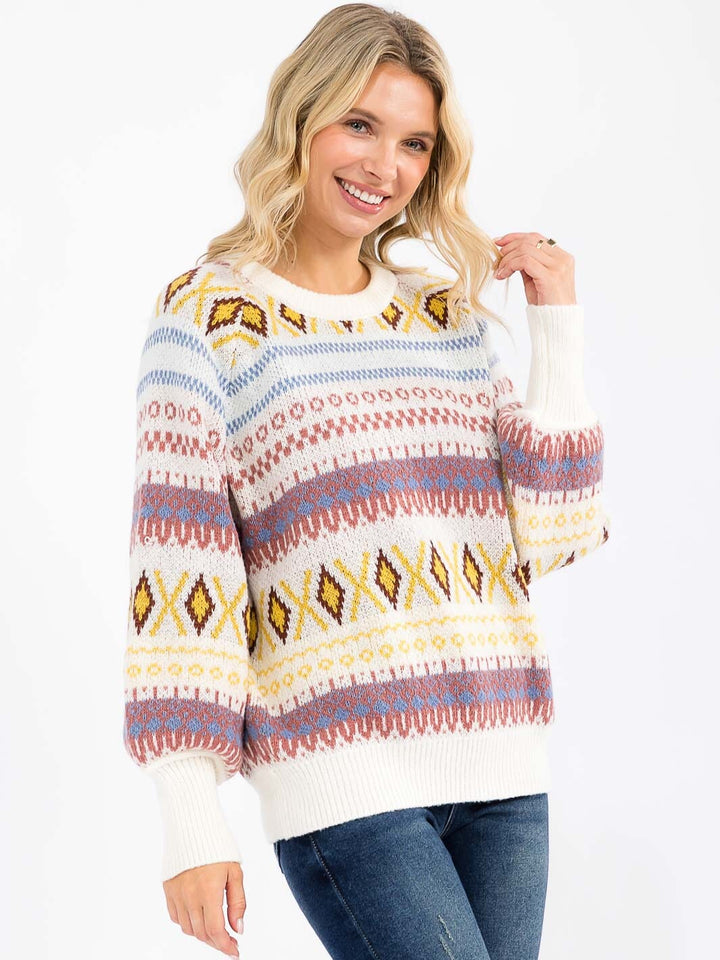 WOMEN'S LONG SLEEVE COLORBLOCK MULTI PRINT PULLOVER SWEATER