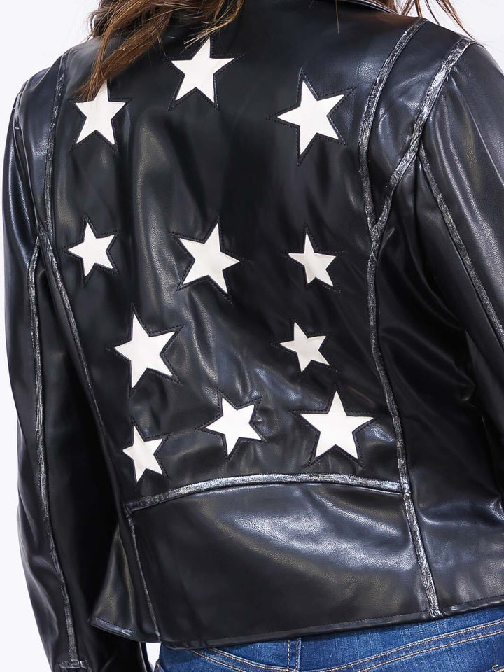 WOMEN'S LONG SLEEVE ZIPPER CLOSURE BACK PRINT PU PLEATHER JACKET