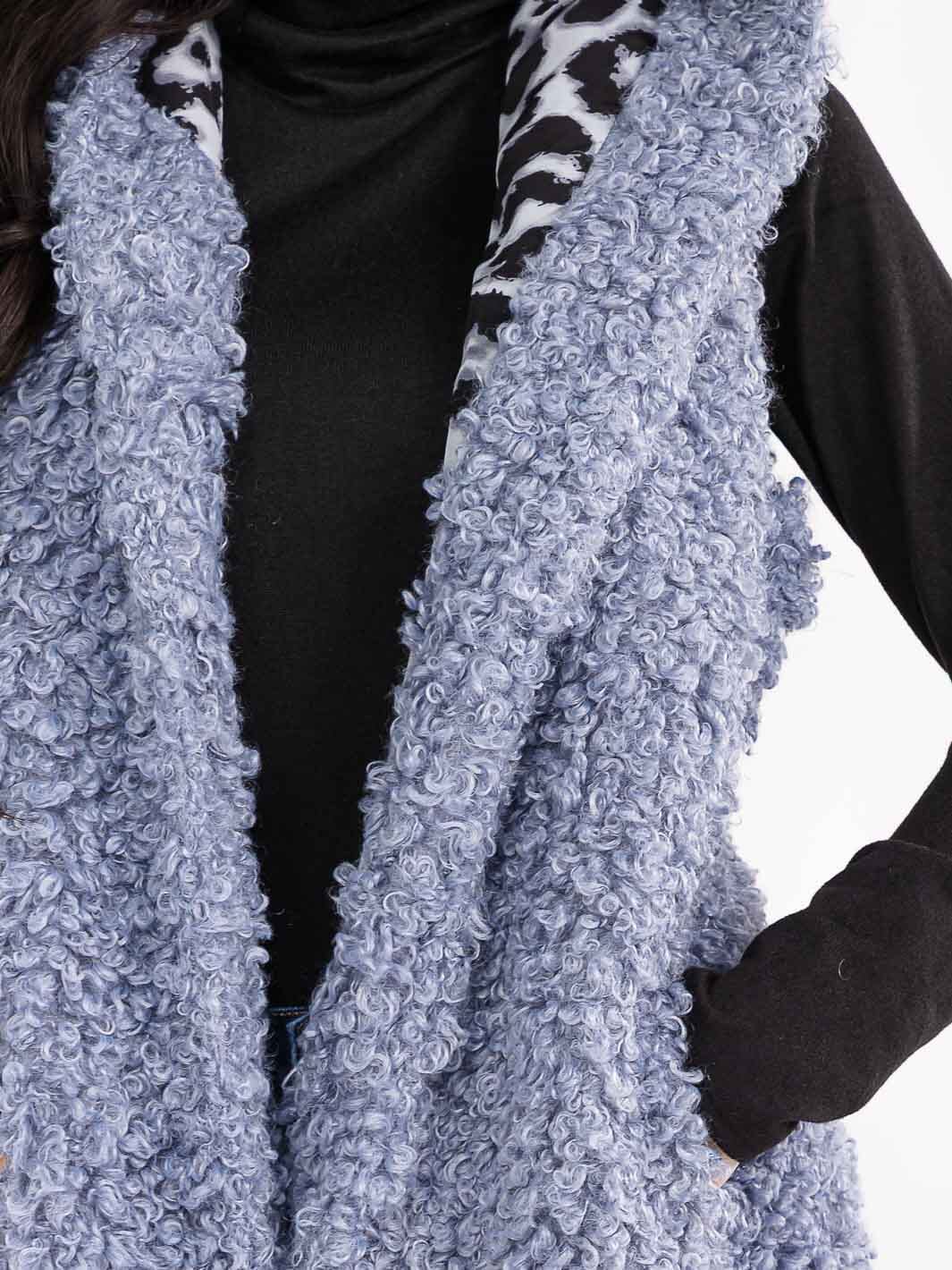 WOMEN'S SLEEVELESS OPEN FRONT POCKETS SHERPA ANIMAL PRINT HOODED VEST