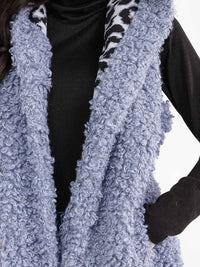WOMEN'S SLEEVELESS OPEN FRONT POCKETS SHERPA ANIMAL PRINT HOODED VEST
