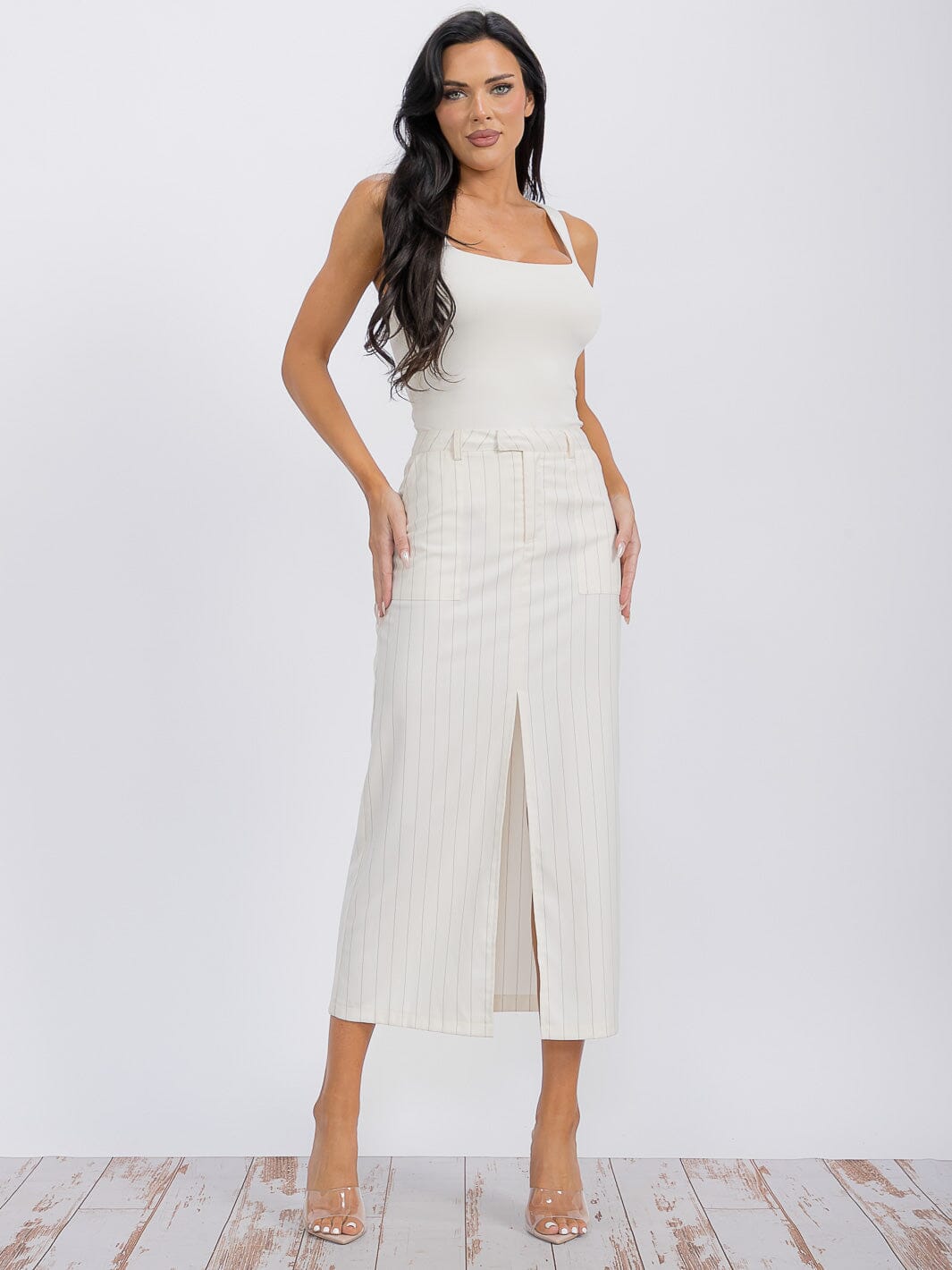 WOMEN'S BUTTON CLOSURE POCKETS FRONT SLIT STRIPES MAXI SKIRT