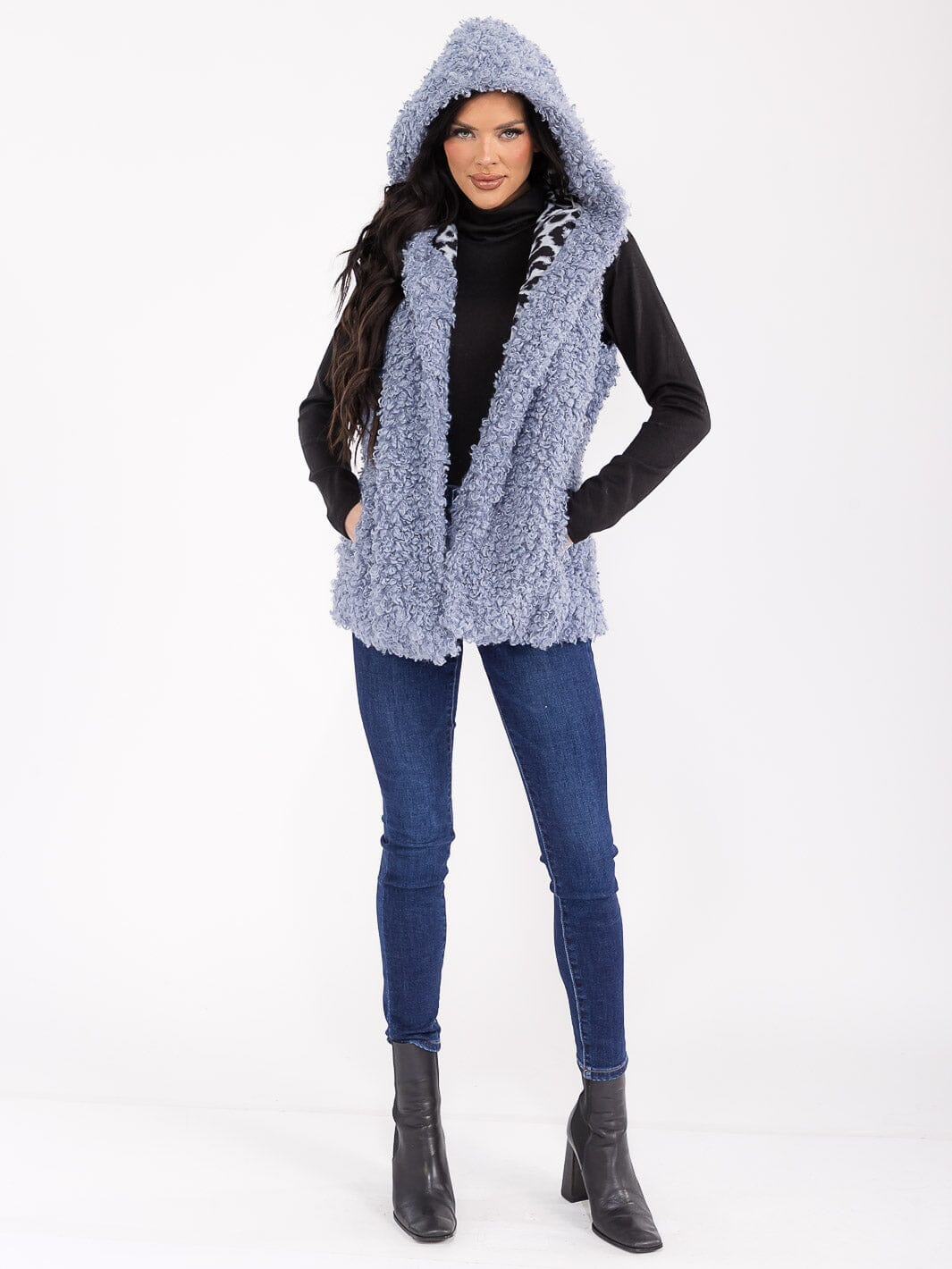 WOMEN'S SLEEVELESS OPEN FRONT POCKETS SHERPA ANIMAL PRINT HOODED VEST