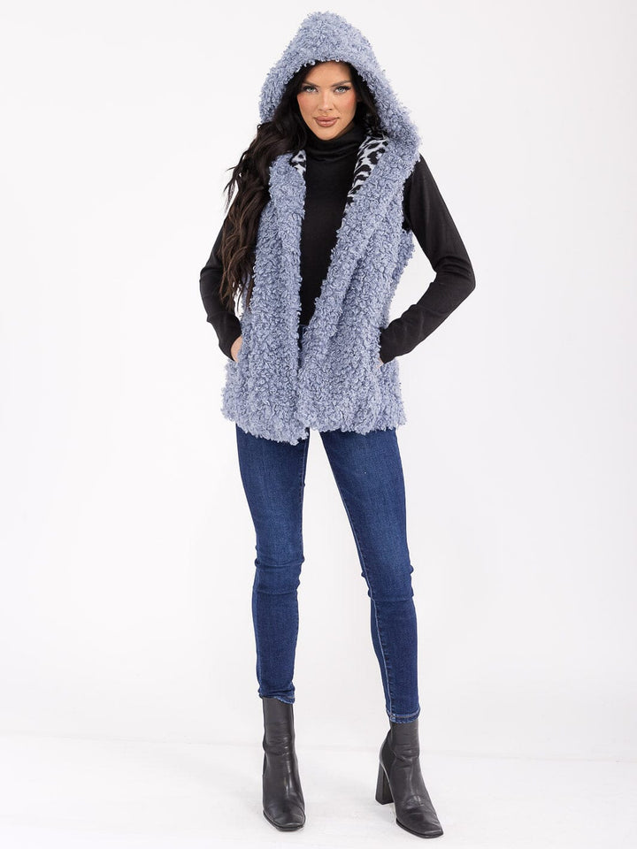 WOMEN'S SLEEVELESS OPEN FRONT POCKETS SHERPA ANIMAL PRINT HOODED VEST