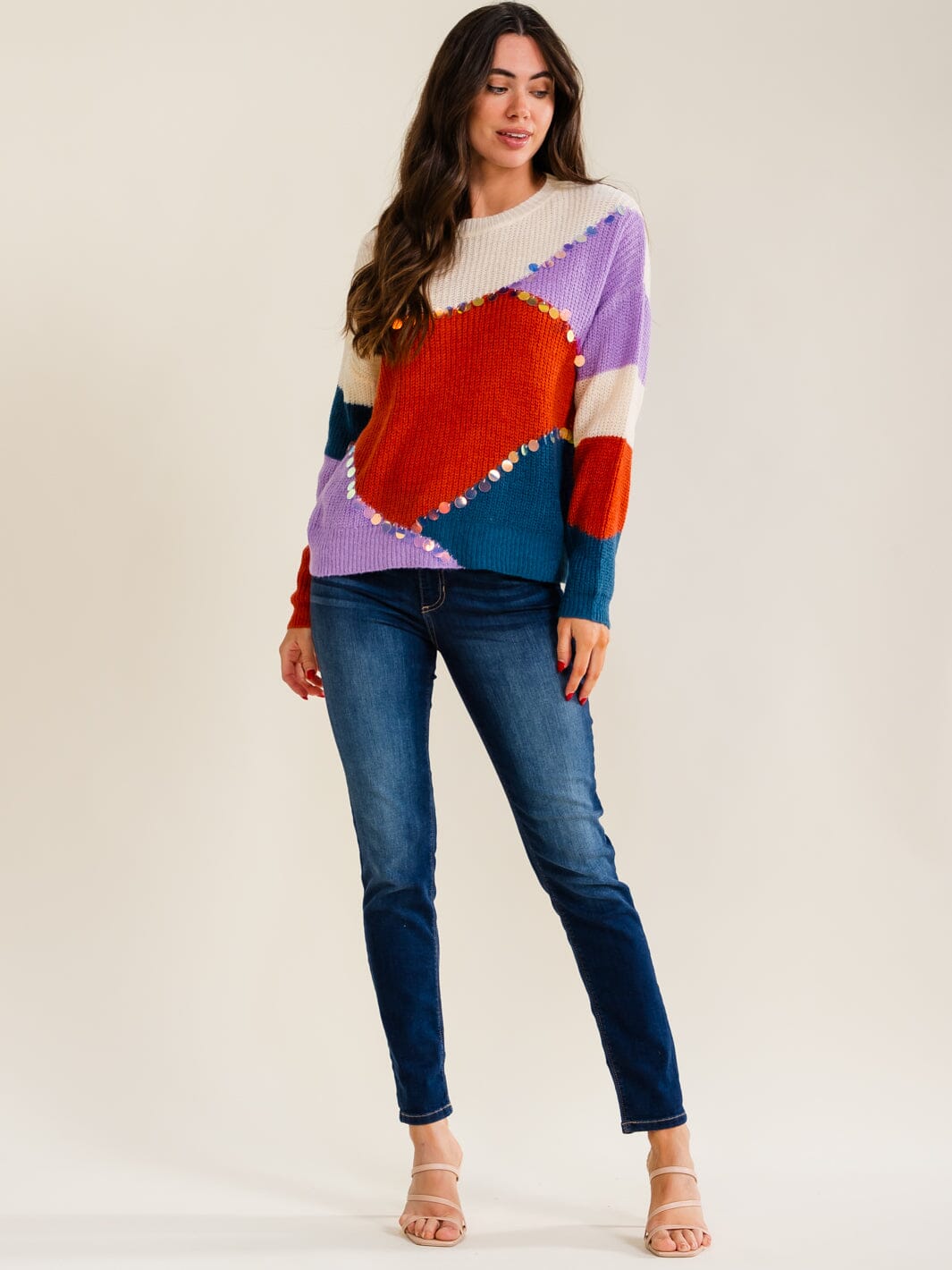 WOMEN'S LONG SLEEVE COLORBLOCK MULTI KNIT PULLOVER SWEATER