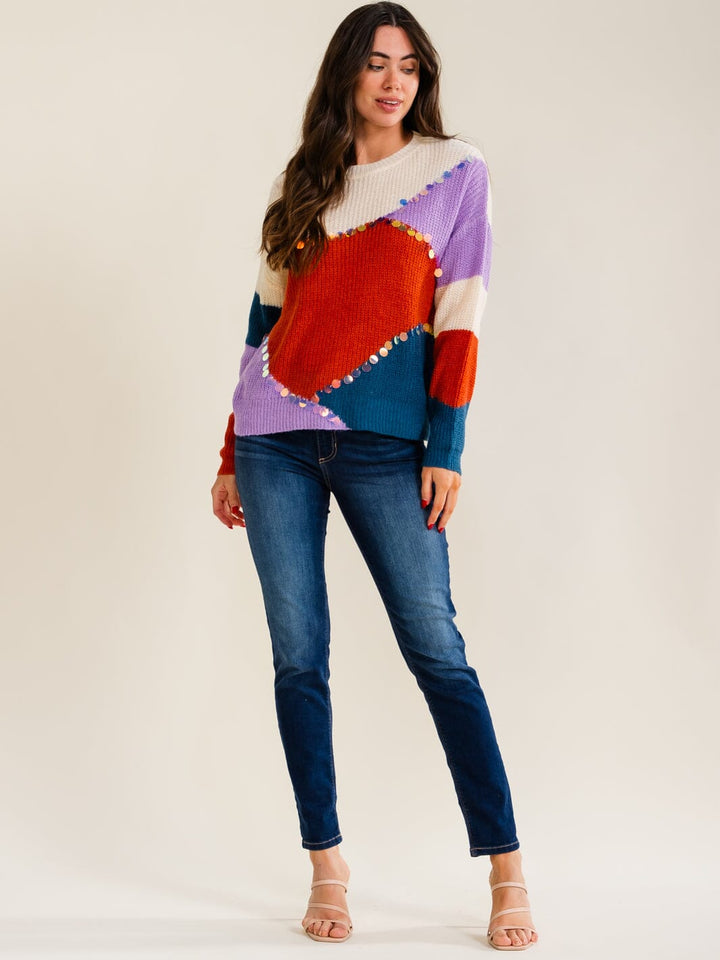 WOMEN'S LONG SLEEVE COLORBLOCK MULTI KNIT PULLOVER SWEATER