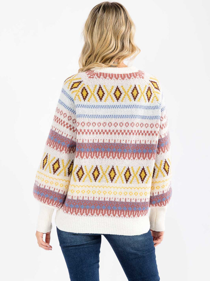 WOMEN'S LONG SLEEVE COLORBLOCK MULTI PRINT PULLOVER SWEATER
