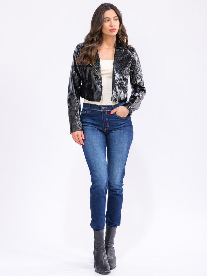 WOMEN'S LONG SLEEVE ZIPPER CLOSURE POCKETS PU PLEATHER JACKET