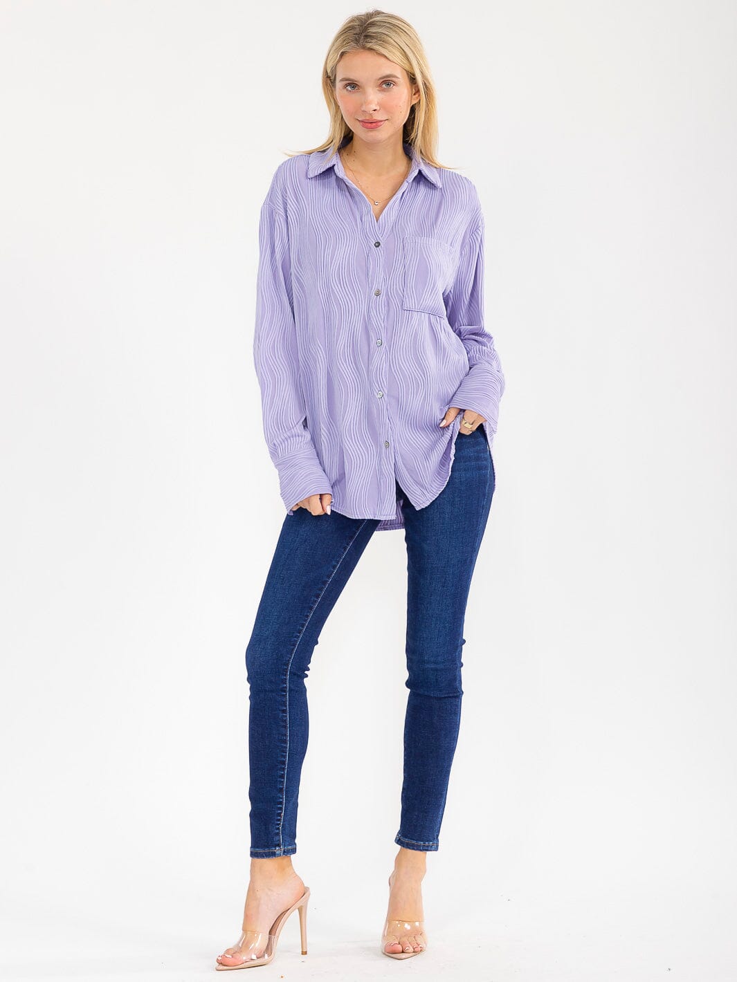 WOMEN'S LONG SLEEVE BUTTON UP FRONT POCKETS DETAILED BLOUSE