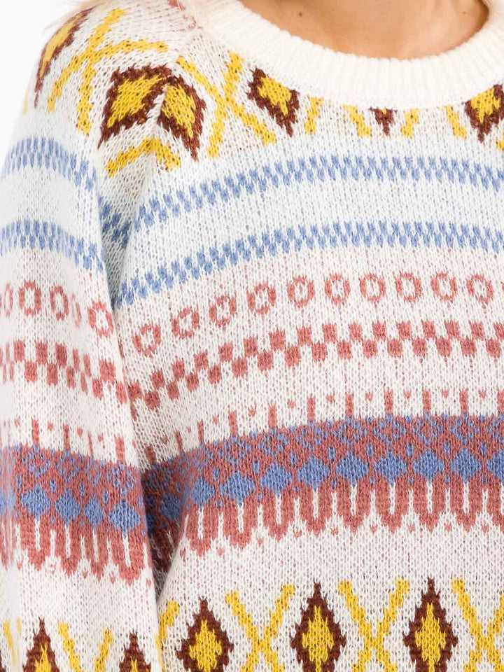 WOMEN'S LONG SLEEVE COLORBLOCK MULTI PRINT PULLOVER SWEATER