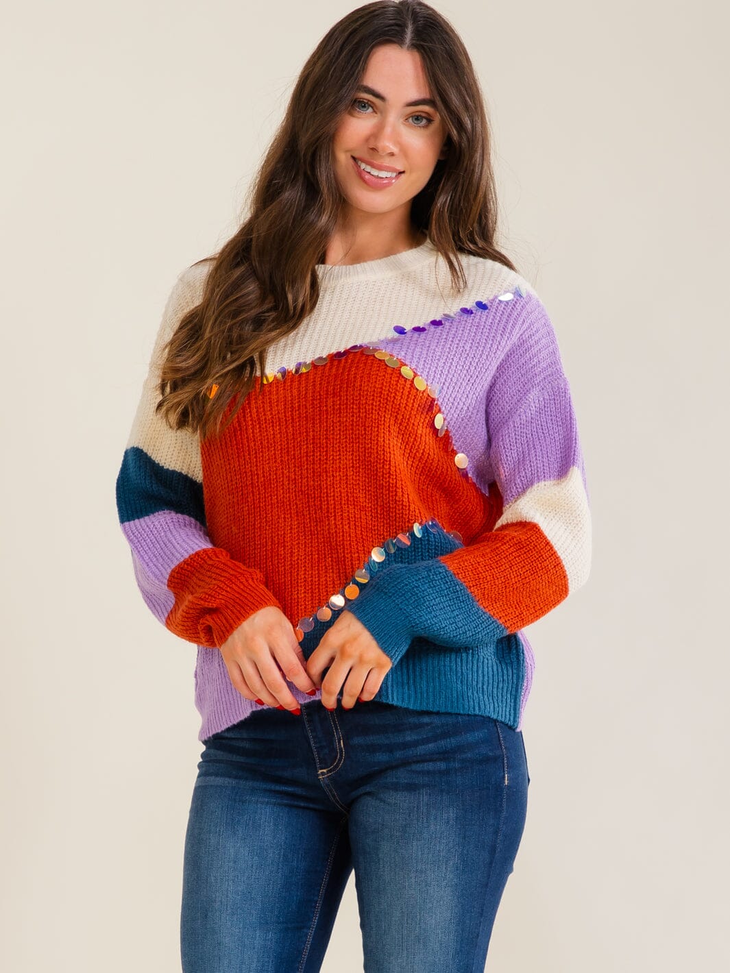 WOMEN'S LONG SLEEVE COLORBLOCK MULTI KNIT PULLOVER SWEATER