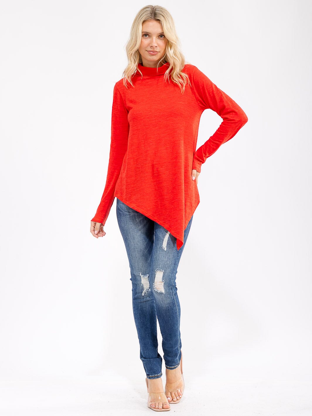 WOMEN'S LONG SLEEVE TURTLE NECK HIGH-LOW TOP