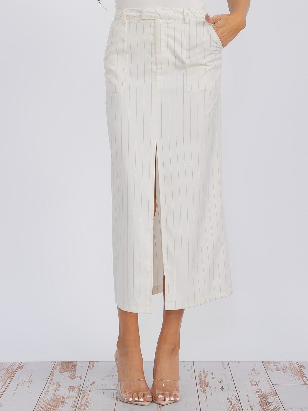 WOMEN'S BUTTON CLOSURE POCKETS FRONT SLIT STRIPES MAXI SKIRT