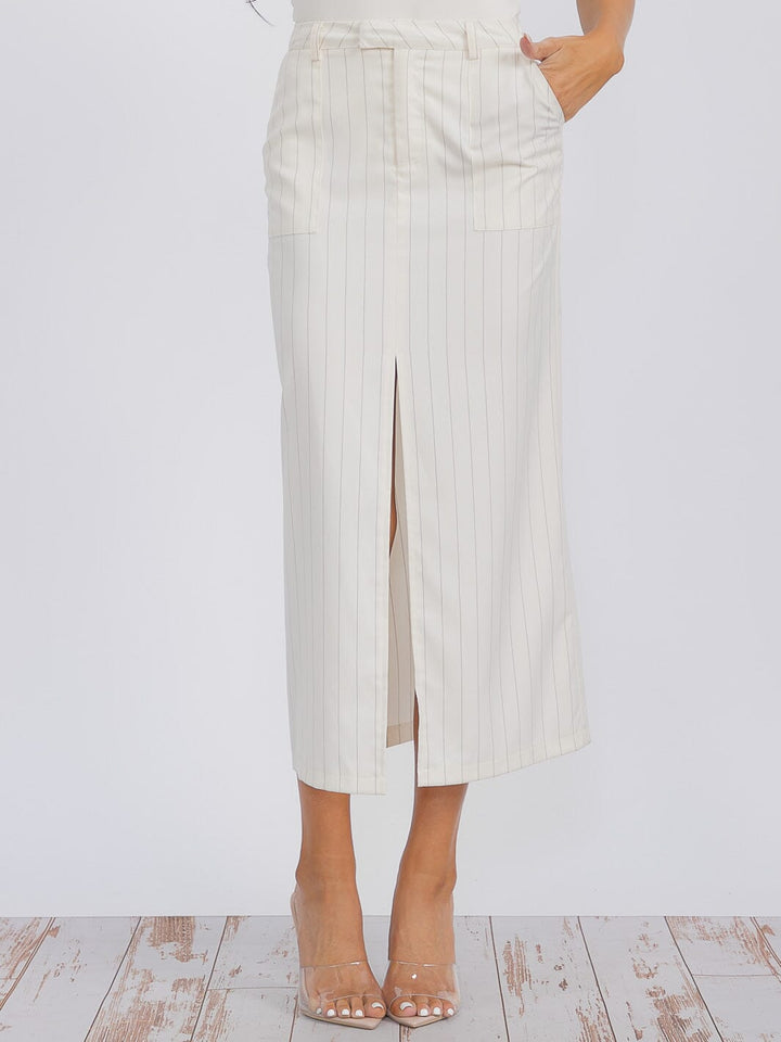 WOMEN'S BUTTON CLOSURE POCKETS FRONT SLIT STRIPES MAXI SKIRT