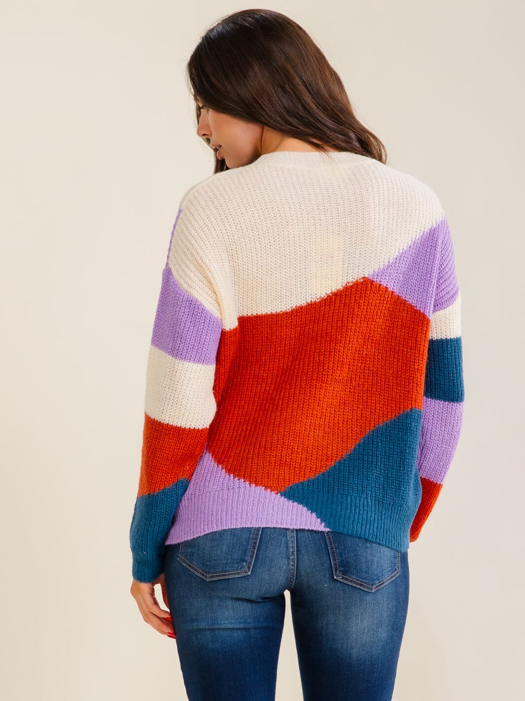 WOMEN'S LONG SLEEVE COLORBLOCK MULTI KNIT PULLOVER SWEATER