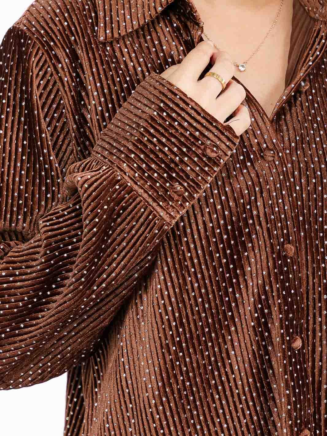 WOMEN'S LONG SLEEVE BUTTON UP CORDUROY STUDS DETAILED BLOUSE