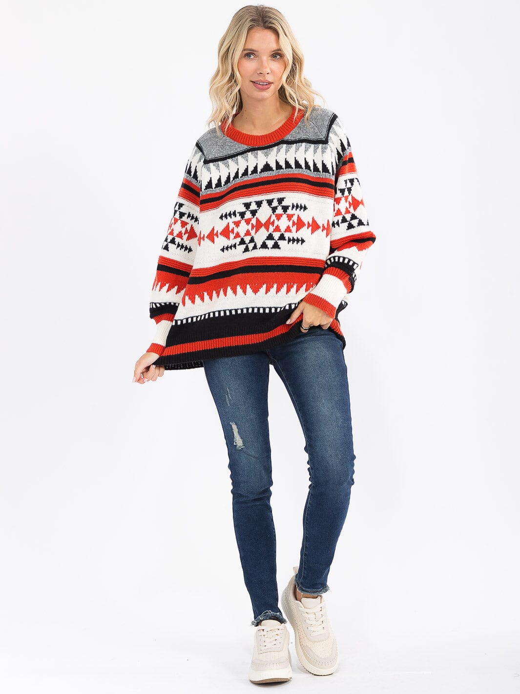 WOMEN'S LONG SLEEVE COLORBLOCK MULTI PRINT PULLOVER SWEATER