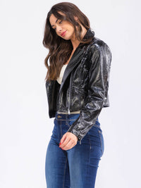 WOMEN'S LONG SLEEVE ZIPPER CLOSURE POCKETS PU PLEATHER JACKET