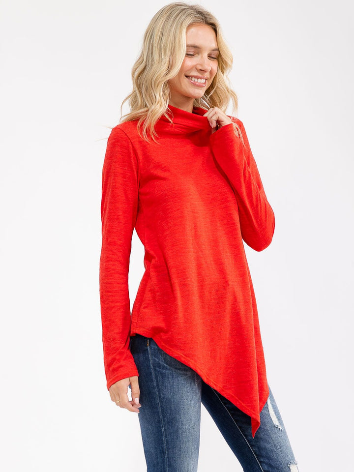 WOMEN'S LONG SLEEVE TURTLE NECK HIGH-LOW TOP