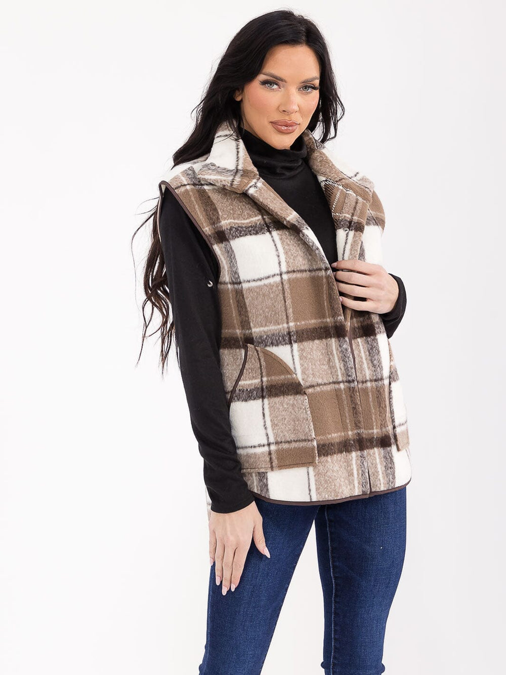 WOMEN'S SLEEVELESS BUTTON CLOSURE FRONT POCKETS PLAID VEST